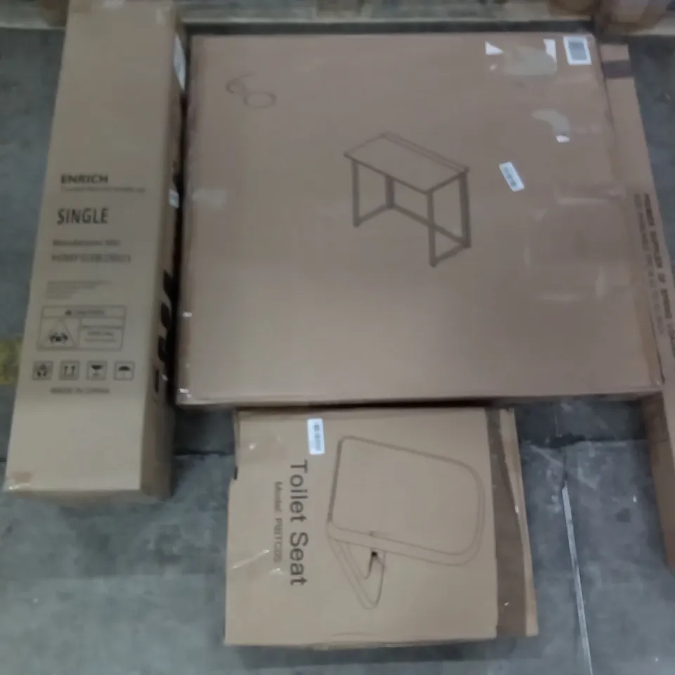 PALLET OF ASSORTED ITEMS INCLUDING TOILET SEATS, INOFIA SINGLE MATTRESS, SPRING LOADED TENSION ROD, FOLDING TABLE