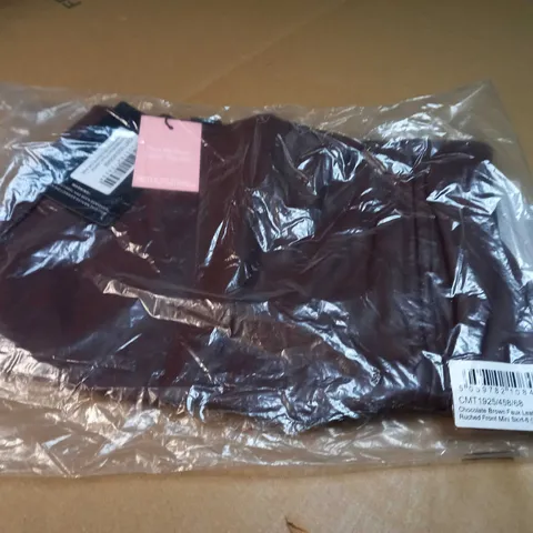 PACKAGED PLT CHOCOLATE FAUX LEATHER RUCHED FRONT MINI SKIRT - SIZE 6