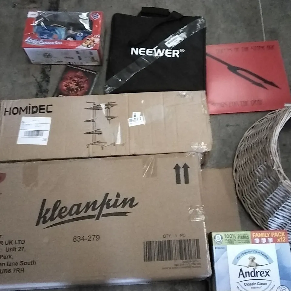 PALLET OF UNPROCESSED ITEMS TO INCLUDE ANDREX WASHLETS, HOMEDICS DRYING RACK, AND CARTOON CAR TOY