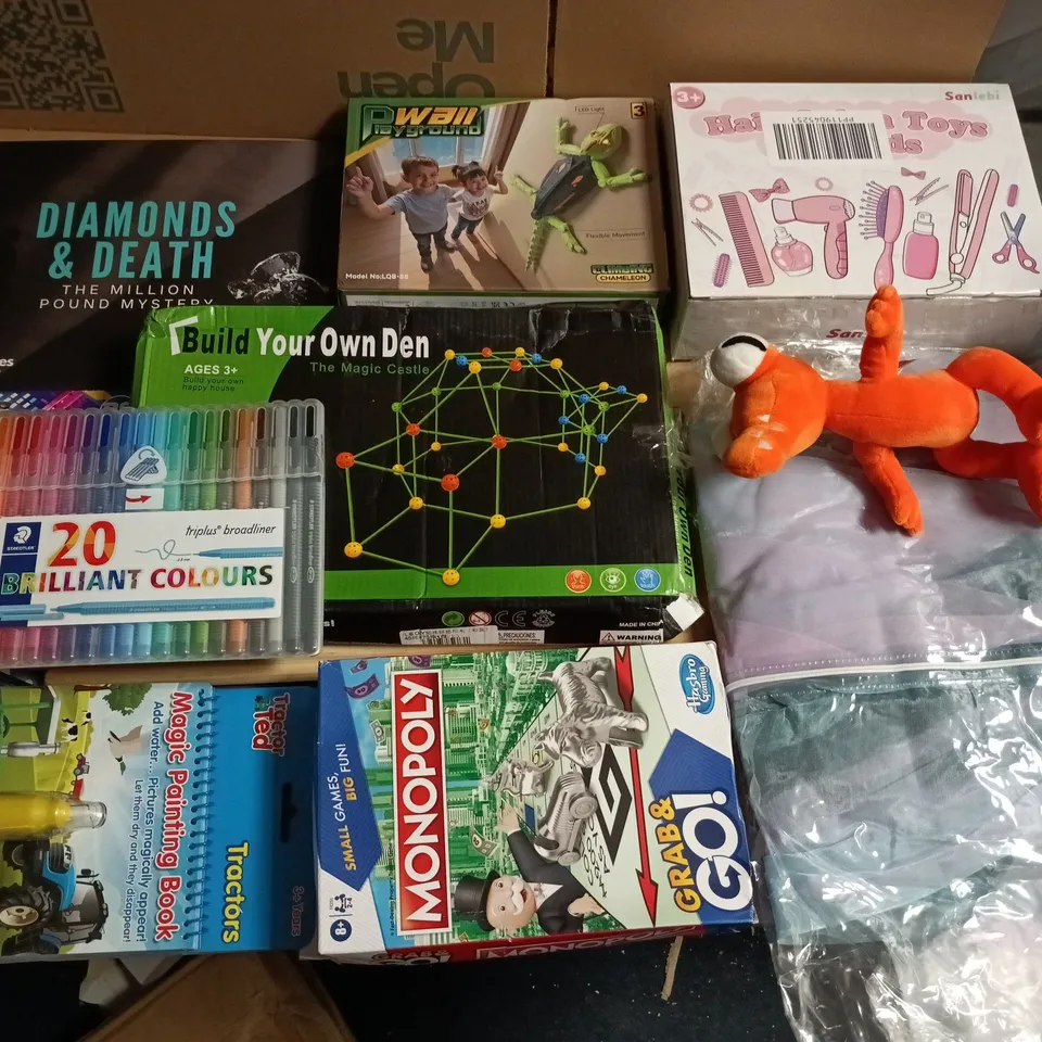 CHILDREN'S TOYS & GAMES LOT INCLUDING MONOPOLY, BUILD YOUR OWN DEN KIT, ART SET, PUZZLES AND PLUSH TOY