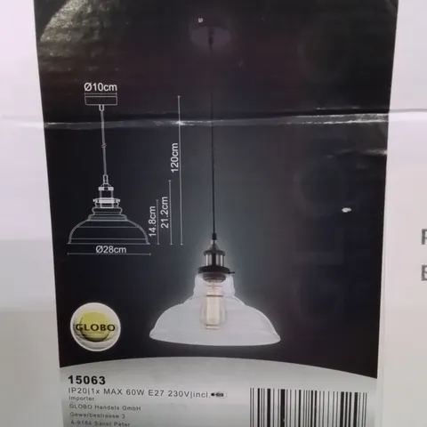 GLOBO CRANNELL 1 LIGHT PENDANT LIGHT CLEAR SHADE BLACK METAL FIXTURE HANGS 120CM SHADE 14CM H X 28CM W X 28CM D