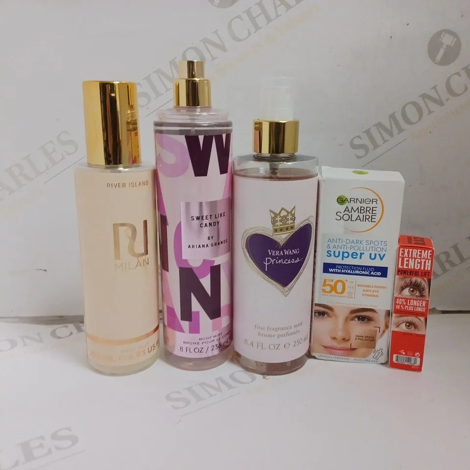 FIVE ASSORTED HEALTH AND BEAUTY PRODUCTS TO INCLUDE RIVER ISLAND MILAN BODY MIST 205ML, VERA WANG PRINCESS FINE FRAGRANCE MIST 250ML, SWEET LIKE CANDY BY ARIANA GRANDE BODY MIST 236ML 