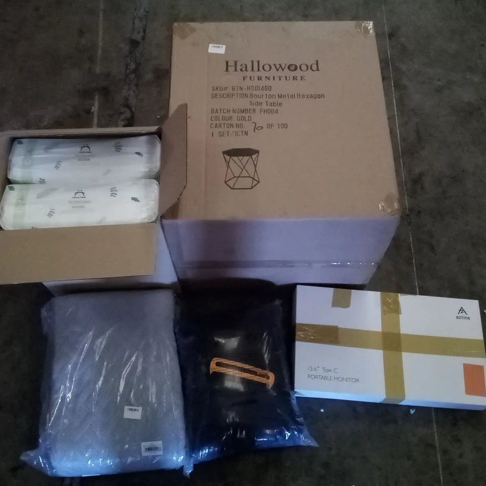 PALLET OF ASSORTED ITEMS INCLUDING BOURTON METAL HEXAGON SIDE TABLE, PORTABLE MONITOR, LARGE OUTDOOR JACKET, MAMA BEAR NAPPIES, BEDSPREAD QUILTED BRAIDED PATTERN BED COVER