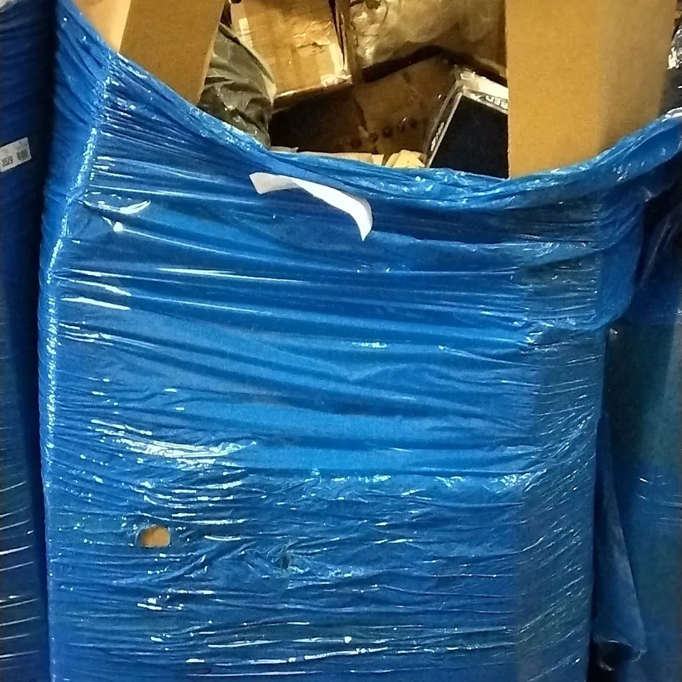 PALLET OF ASSORTED ITEMS INCLUDING DOG BED, COMFIFY HEXAGONAL WOODEN SHELVES, CORK NOTICE BOARD, GETFIT KING PREMIUM AIR BED, LIQUID TRANSFER PUMP, DREAMLOVE WIG STAND