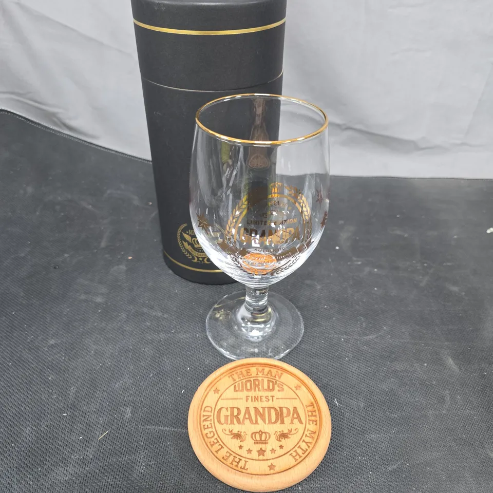 CRYSTAL GOBLET WITH GOLD RIM – GRANDPA KEEPSAKE GIFT SET WITH WOODEN COASTER