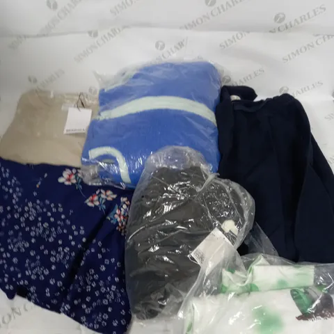 LARGE BOX OF ASSORTED CLOTHING ITEMS IN VARIOUS COLOURS AND SIZES INCLUDING TROUSERS , TOPS AND JUMPERS