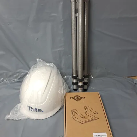 APPROXIMATELY 15 ASSORTED HOUSEHOLD ITEMS TO INCLUDE A HARD HAT, LAPTOP STAND AND A TRIPOD