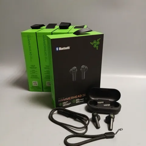 LOT OF 5 BOXED RAZER HAMMERHEAD WIRELESS HEADPHONES IN BLACK AND GREEN INCLUDES CHARGING CASE, CABLE AND WRIST STRAP