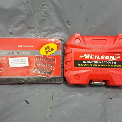 APPROXIMATELY 10 ASSORTED CAR PARTS AND ACCESSORY ITEMS TO INCLUDE ENGINE TIMING TOOL SET, 46-PIECE SOCKET WRENCH SET, ETC