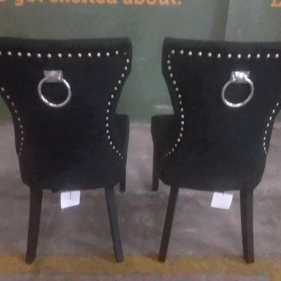 SET OF 2 DESIGNER RENZO UPHOLSTERED BUTTONED RING BACK DINING CHAIRS BLACK LEGS