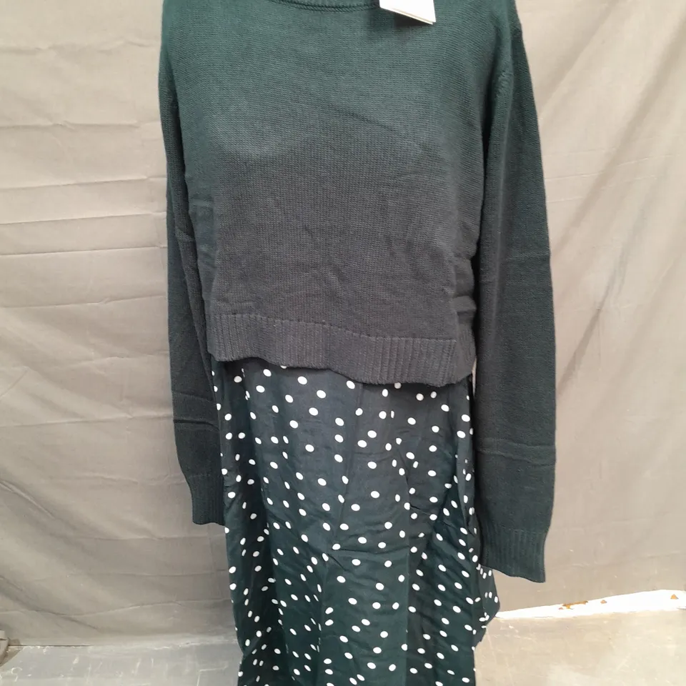 SERAPHINE KNIT TOPPER DRESS WITH SPOT SKIRT IN GREEN - UK 14