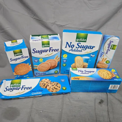 APPROXIMATELY 6 GULLON NO SUGAR PRODUCTS TO INCLUDE CHOC CHIP COOKIES, OATY BISCUITS, DIGESTIVE BISCUITS, ETC
