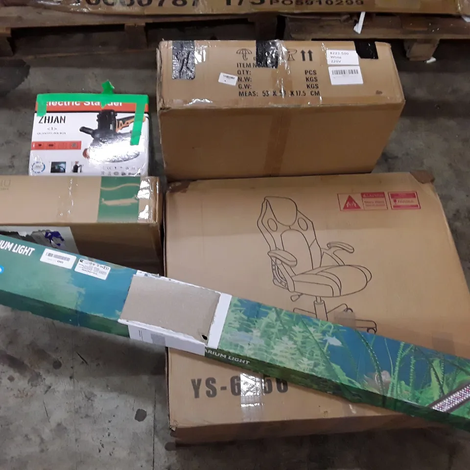 PALLET OF ASSORTED PRODUCTS INCLUDING KEYBOARD TRAY, AQUARIUM LIGHT, OFFICE CHAIR, CEILING FAN, ELECTRIC STANDER 