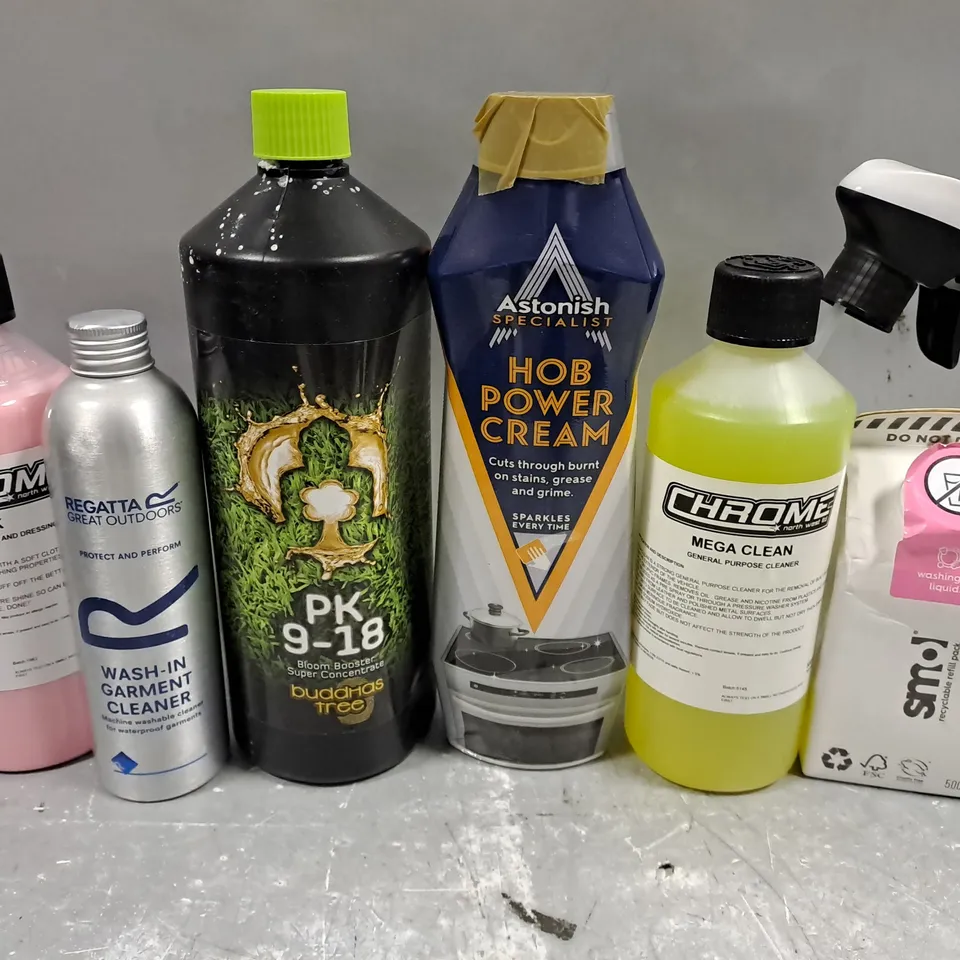 ASSORTED LIQUIDS TO INCLUDE MULTI-USE CLEANER, WASHING UP LIQUID, HOB POWER CREAM, ETC 