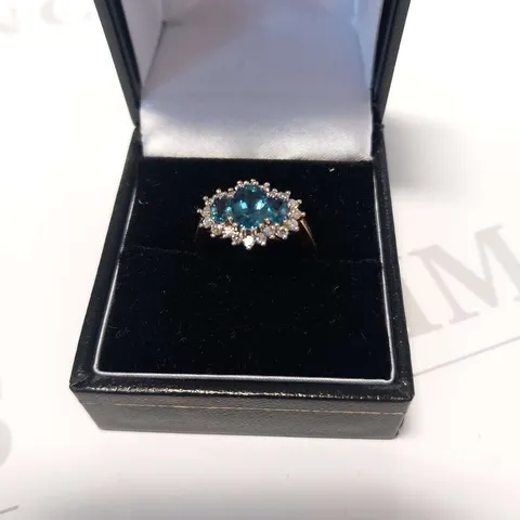 18CT GOLD DRESS RING SET WITH AQUAMARINE AND NATURAL DIAMONDS