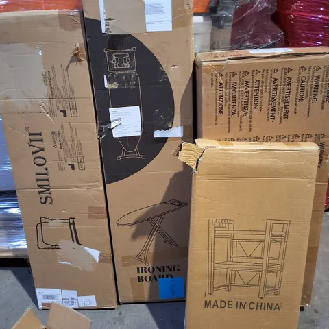 PALLET OF ASSORTED HOUSEHOLD ITEMS TO INCLUDE 3IN1 RAINBOW CLIMBING SET, IRONING BOARD AND MULTIPLE CLOTHES AIRERS