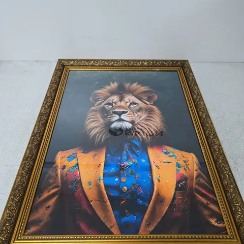 FRAMED LION PORTRAIT IN COLOURFUL SUIT 