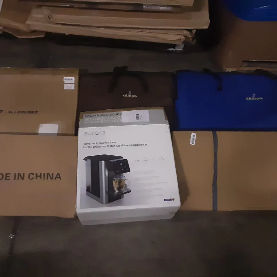 PALLET OF ASSORTED PRODUCTS INCLUDING AURORA, ZAMPA, DENON HOME THEATER SOUND BAR SYSTEM, LCL TONER CARTRIDGE, PERLEGEAR FULL MOTION TV WALL MOUNT, ATIKKLE  