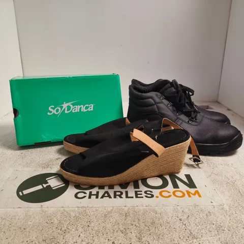 BOX OF APPROXIMATELY 18 ASSORTED FOOTWEAR ITEMS TO INCLUDE BLACK BOOTS, WEDGE SANDALS ETC