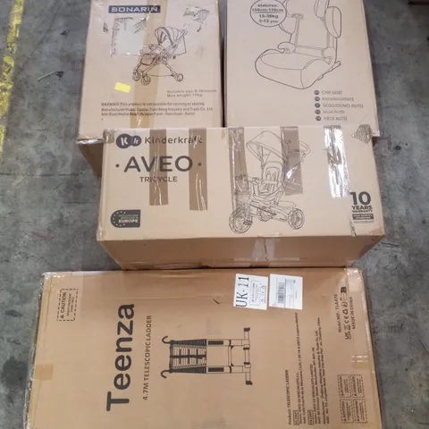PALLET CONTAINING ASSORTED PRODUCTS INCLUDING GLOBALKIDS CAR SEAT, STROLLERS, 4.7M TELESCOPIC LADDER & CHAIR MAT FOR CARPETS