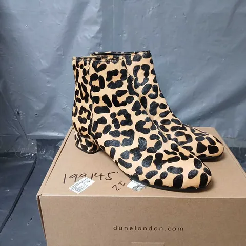 BOXED PAIR OF DUNE LONDON LEOPARD PRINT LEATHER SMART LOW BOOT - SIZE 7