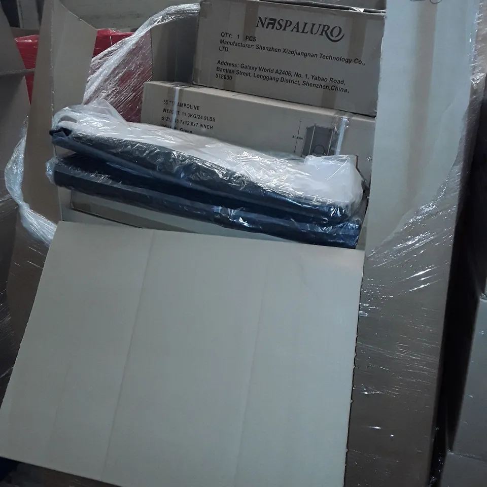 PALLET OF ASSORTED HOUSEHOLD ITEMS TO INCLUDE PORTABLE PET PENS, 55" TRAMPOLINES AND CAMPING TENT