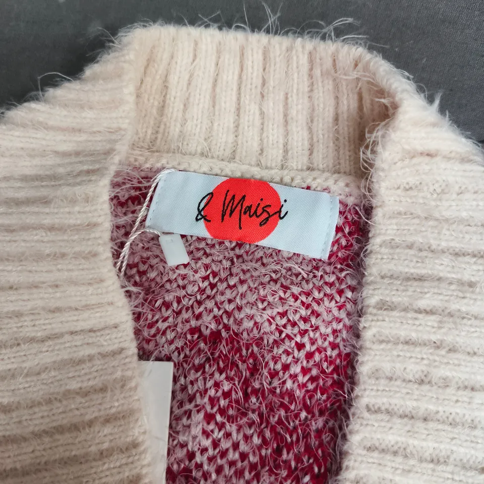 & MAISI KNITTED CARDIGAN – CREAM WITH RED GEOMETRIC PATTERN, BLACK BUTTONS - SIZE UNSPECIFIED