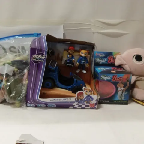 BOX TO CONTAIN KIDS ASSORTED TOYS AND ITEMS TO INCLUDE;SCOOBY DOO FIGURES,LUNA TOY,NIGHT BALL,ETC