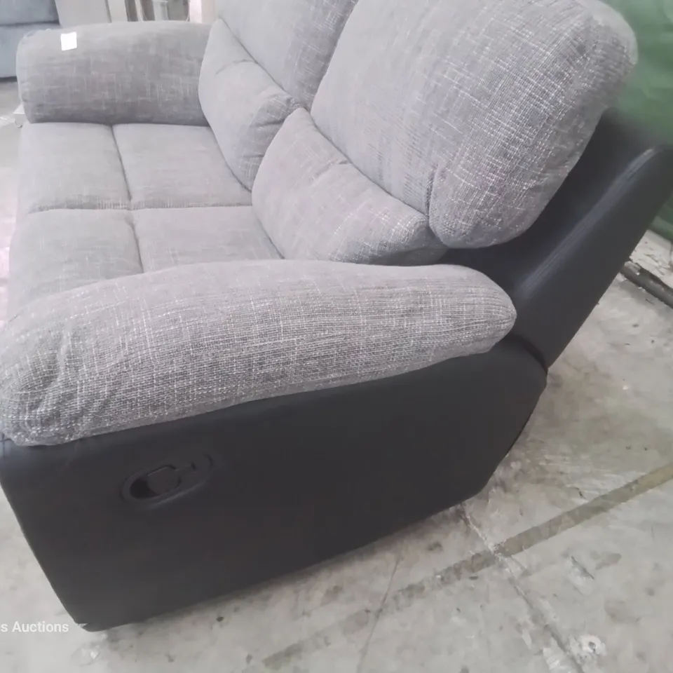 DESIGNER MANUAL RECLINING TWO SEATER SOFA BLACK FAUX LEATHER & GREY FABRIC