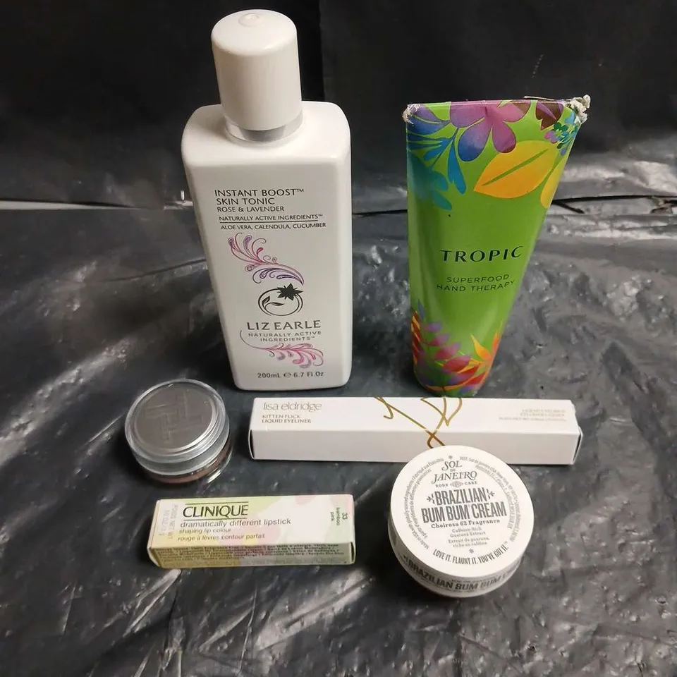 LOT OF 6 ASSORTED COSMETIC PRODUCTS TO INCLUDE - LIZ EARLE INSTANT BOOST SKIN TONIC - TRINNY LONDON MIRACLE BLUR - CLINIQUE LIPSTICK IN BAMBOO PINK - ETC