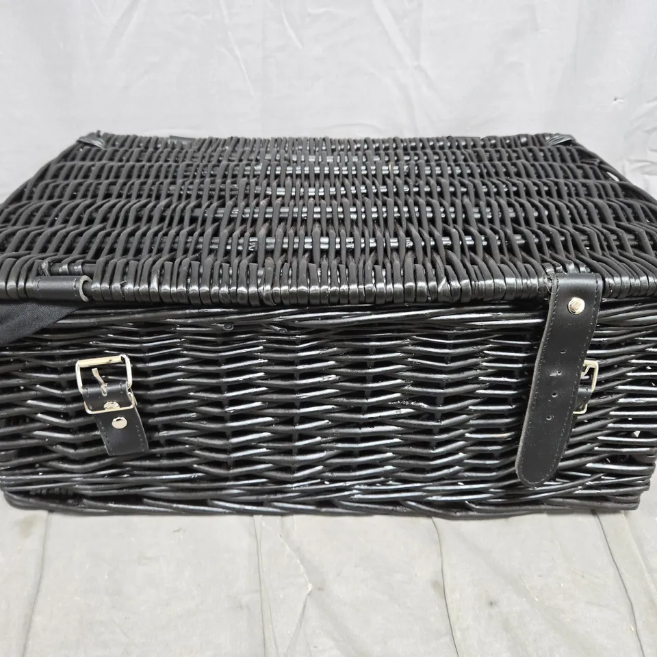 BLACK WICKER PICNIC BASKET HAMPER WITH LID AND LEATHER STRAPS