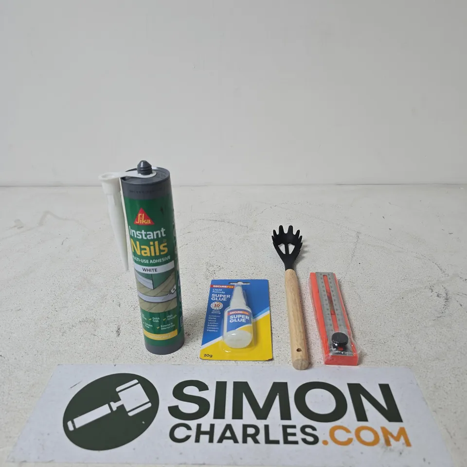 BOX OF APPROXIMATELY 20 ASSORTED HOUSEHOLD ITEMS TO INCLUDE INSTANT NAILS IN WHITE, SUPER GLUE AND A SPIRIT LEVEL