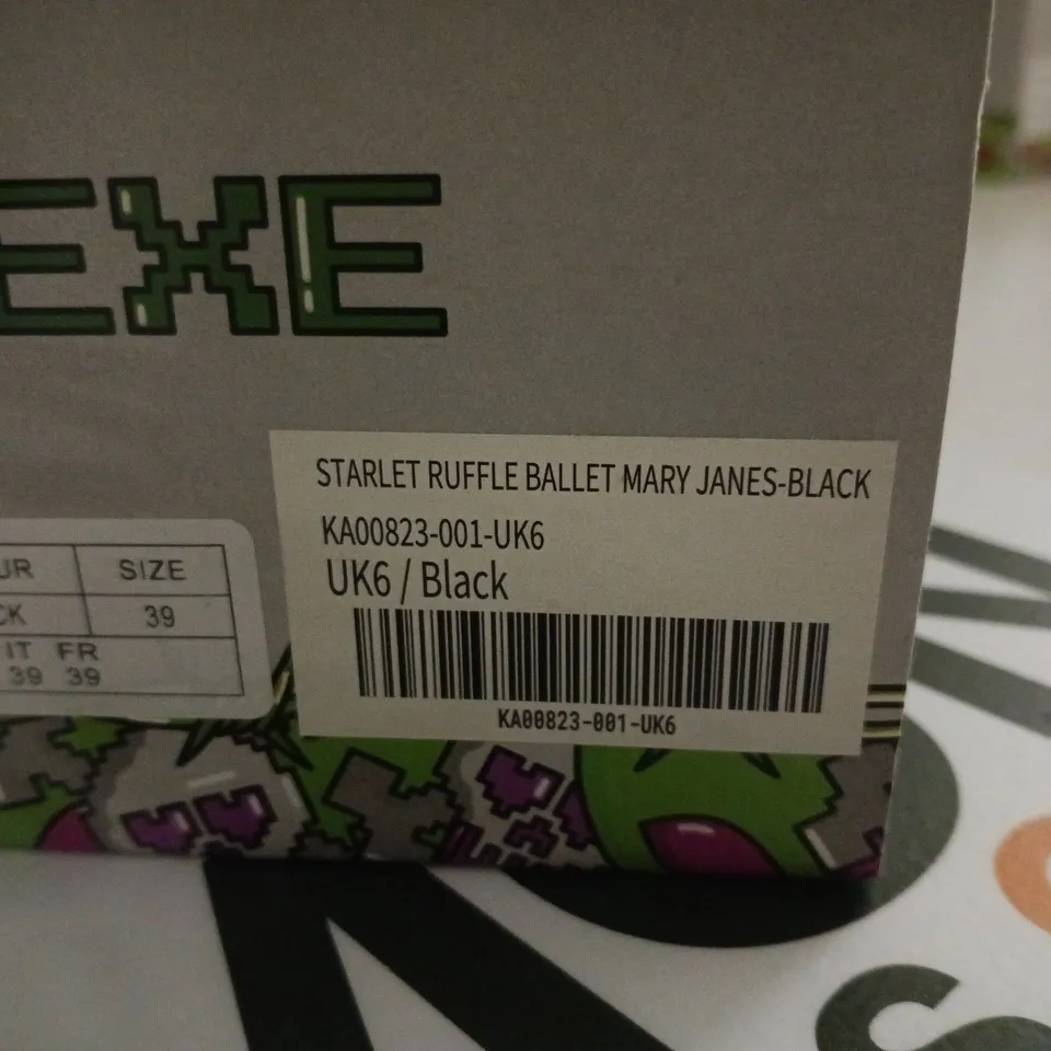 BOXED PAIR OF KOI EXE STARLET RUFFLE BALLET MARY JANES - BLACK, UK SIZE 6
