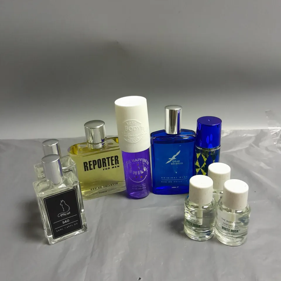 BOX OF APPROXIMATELY 10 ASSORTED FRAGRANCE ITEMS TO INCLUDE - REPORTER FOR HIM EAU DE TOILETTE - BLUE STRATOS ORIGINAL BLUE EAU DE TOILETTE - THE BODY SHOP PERFUME OIL - COLLECTION ONLY