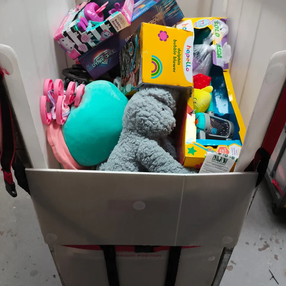 CAGE CONTAINING A LARGE QUANTITY OF KIDS TOYS AND GAMES TO INCLUDE TOY CARS , COLOUR ACTIVITY CASE , TOY BABY DOLLS AND TEDDY BEARS , ETC 