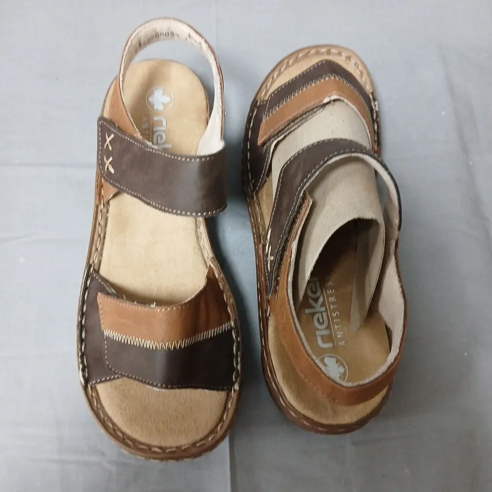 BOXED PAIR OF RIEKER WOMEN'S DOUBLE STRAP SANDALS IN BROWN/TAN - UK 6