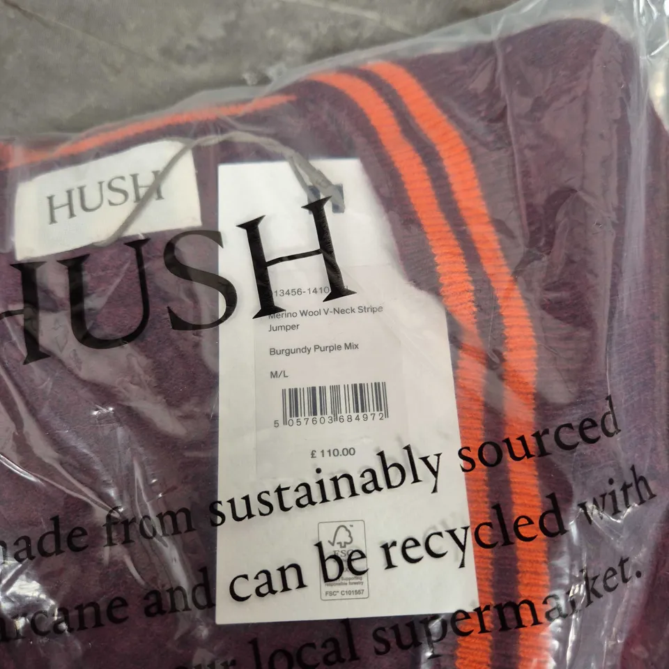 HUSH MERINO WOOL V-NECK STRIPE JUMPER – BURGUNDY PURPLE MIX, M/L