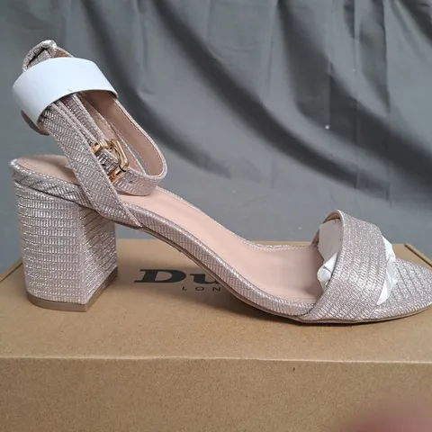 BOXED PAIR OF DUNE LONDON GLITTERED PINK HIGH HEELED SANDALS SIZE 7