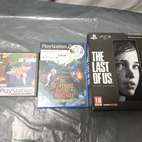 PLAYSTATION GAME LOT: PS1 NAMCO TITLE; PS2 NIGHTMARE BEFORE CHRISTMAS: OOGIE'S REVENGE; PS3 THE LAST OF US: ELLIE EDITION