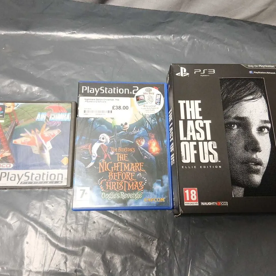PLAYSTATION GAME LOT: PS1 NAMCO TITLE; PS2 NIGHTMARE BEFORE CHRISTMAS: OOGIE'S REVENGE; PS3 THE LAST OF US: ELLIE EDITION
