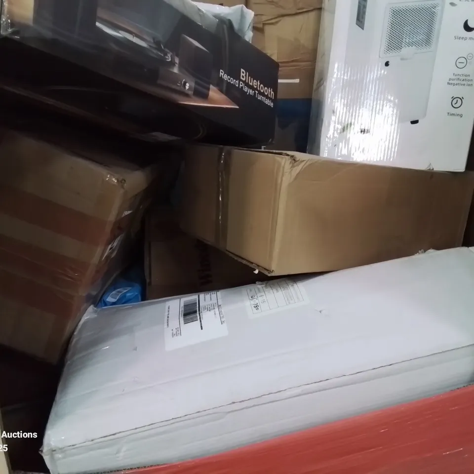 PALLET CONTAINING VARIOUS ASSORTED ITEMS TO INCLUDE: BLUETOOTH RECORD PLAYER TURNTABLE, DEHUMIDIFIER, COOKER HOOD AND LOTS MORE UNMARKED BOXED ITEMS 