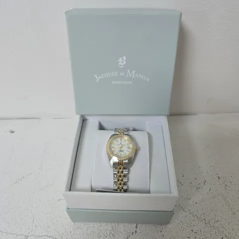 BOXED JACQUES DU MANOIR SWISS-MADE LADIES INSPIRATION SILVER & GOLD PLATED BRACELET WATCH