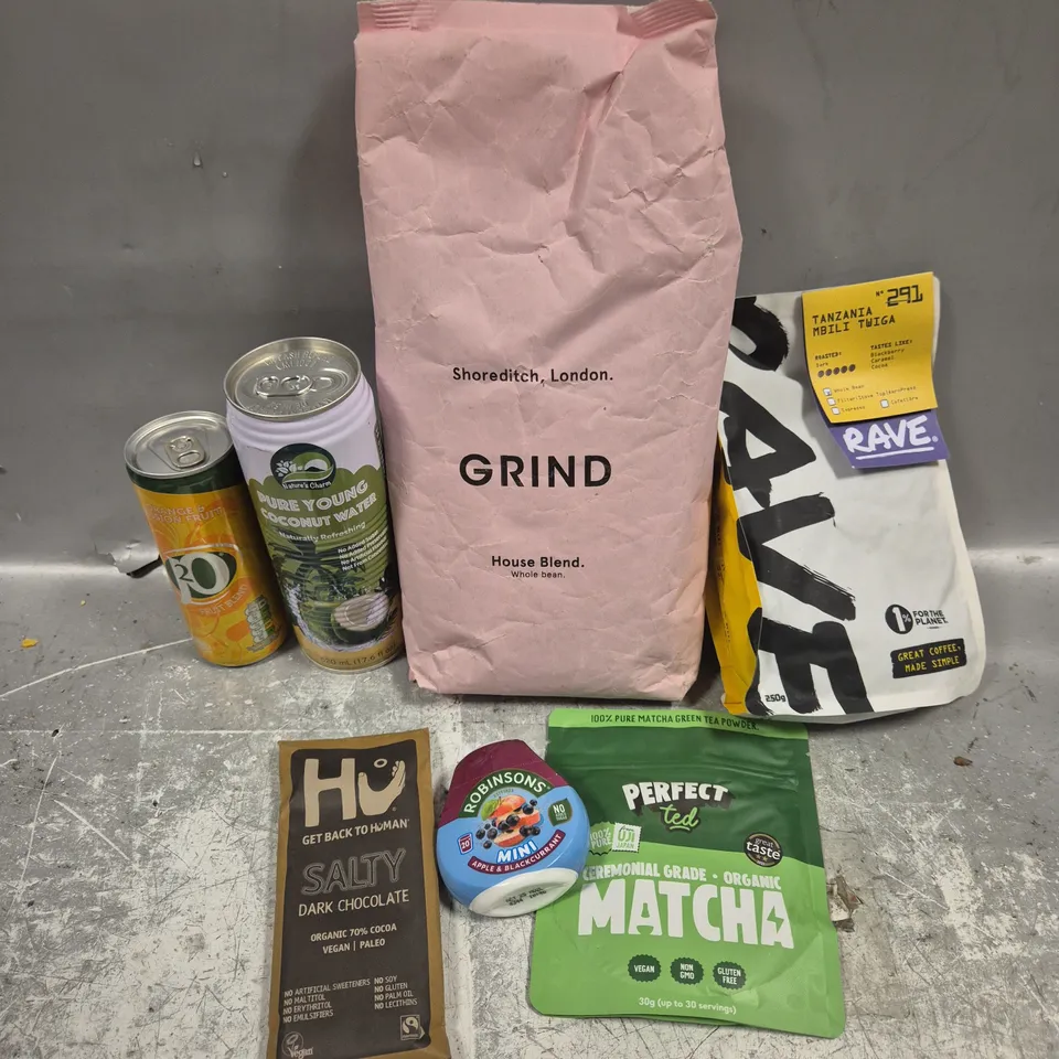 APPROXIMATELY 15 ASSORTED FOOD/DRINK PRODUCTS TO INCLUDE GRIND COFFEE, RAVE COFFEE, HU CHOCOLATE ETC 