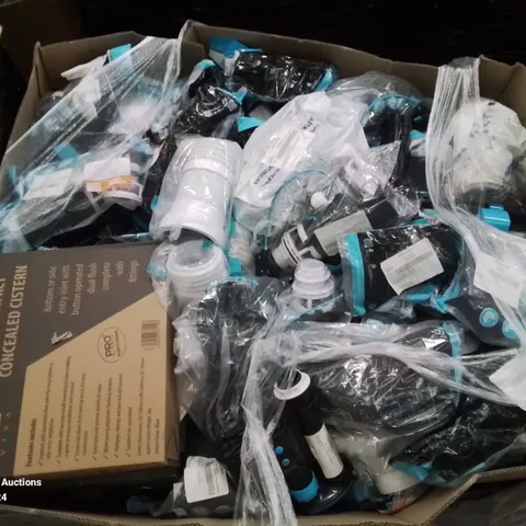PALLET OF VARIOUS ELECTRICAL AND PLUMBING PARTS AND FITTINGS TO INCLUDE: PUSH BUTTON FLUSHES, FLEXI CONNECTORS CISTERNS ETC.