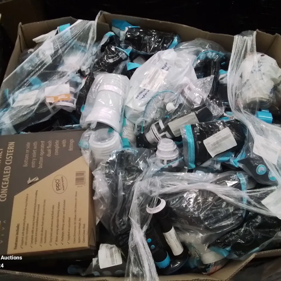 PALLET OF VARIOUS ELECTRICAL AND PLUMBING PARTS AND FITTINGS TO INCLUDE: PUSH BUTTON FLUSHES, FLEXI CONNECTORS CISTERNS ETC.
