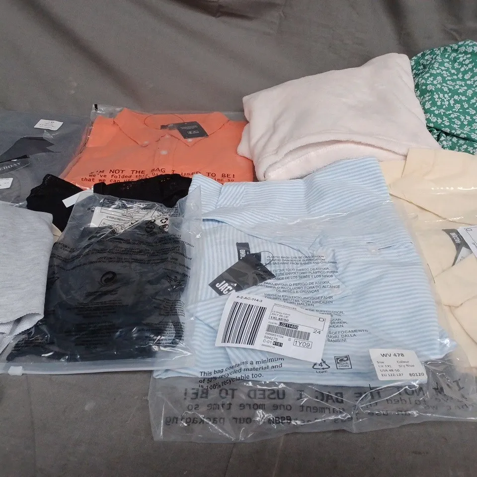 BOX OF ASSORTED CLOTHING ITEMS IN VARIOUS COLOURS, SIZES AND STYLES