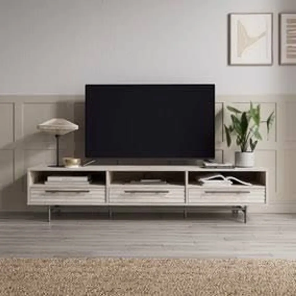 BOXED BRYANT EXTRA WIDE TV UNIT FOR TVS UP TO 80" - WHITEWASH WOOD (2 BOXES)