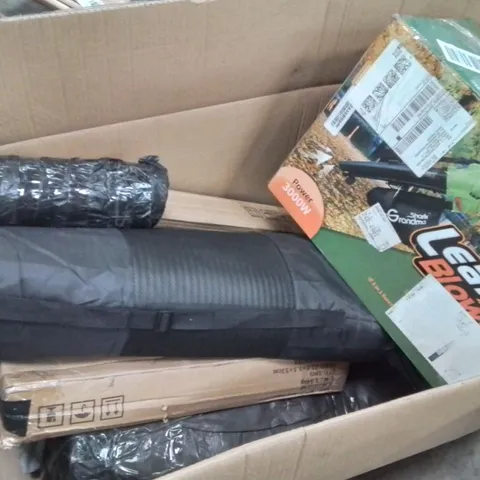 BOX CONTAINING SEVERAL YOGA MATS, GARDEN LEAF BLOWER ETC.