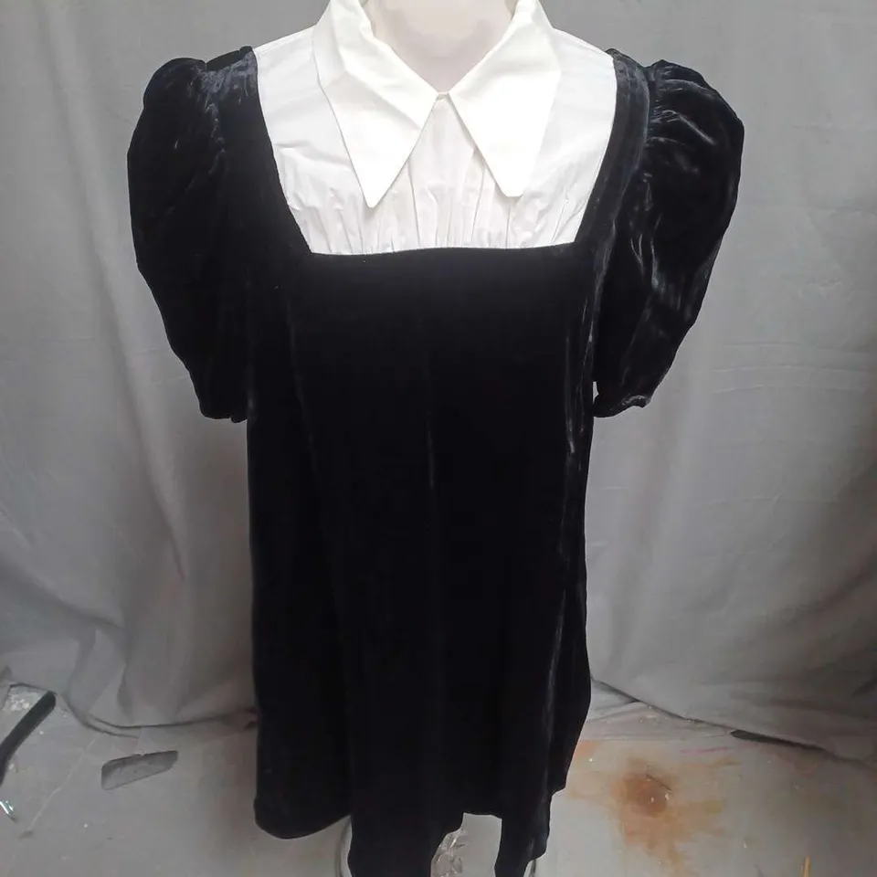 PARIS ATELIER PUFF SLEEVE COLLARED VELVET DRESS IN BLACK SIZE 10