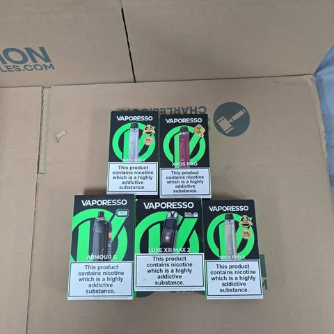 BOX OF APPROXIMATELY 30 ASSORTED E-CIGARETTES AND ACCOMPANIMENTS TO INCLUDE: VARIOUS VAPORESSO PRODUCTS 